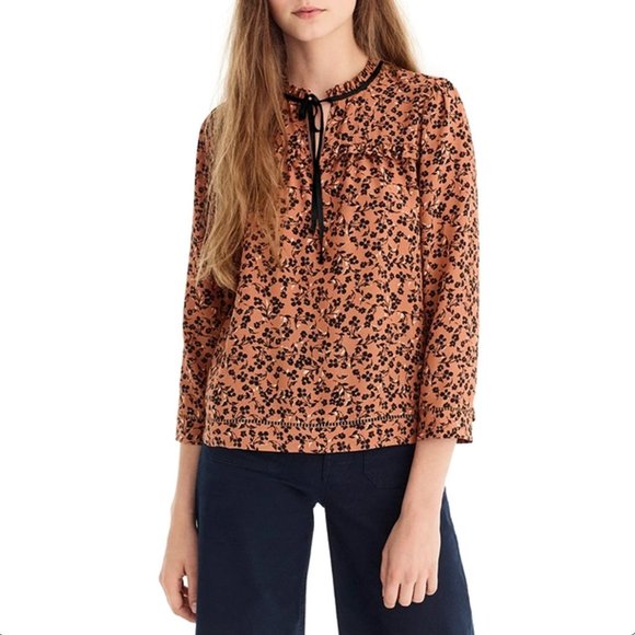 J. Crew Point Sur Caramel Brown Blossom Print Silk Popover Blouse small - Picture 1 of 9